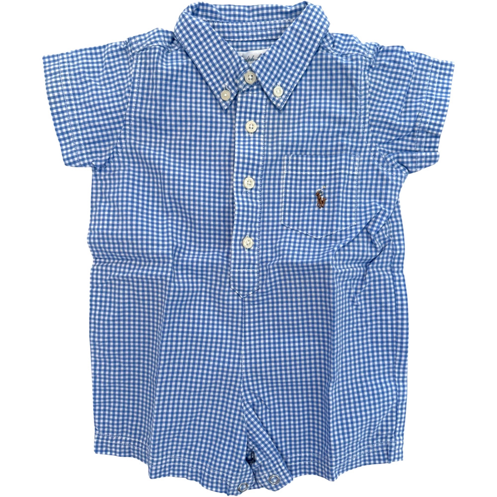 RALPH LAUREN 6m Baby Toddler Romper Blue & White Cotton Flesh Pony Snap Bottom